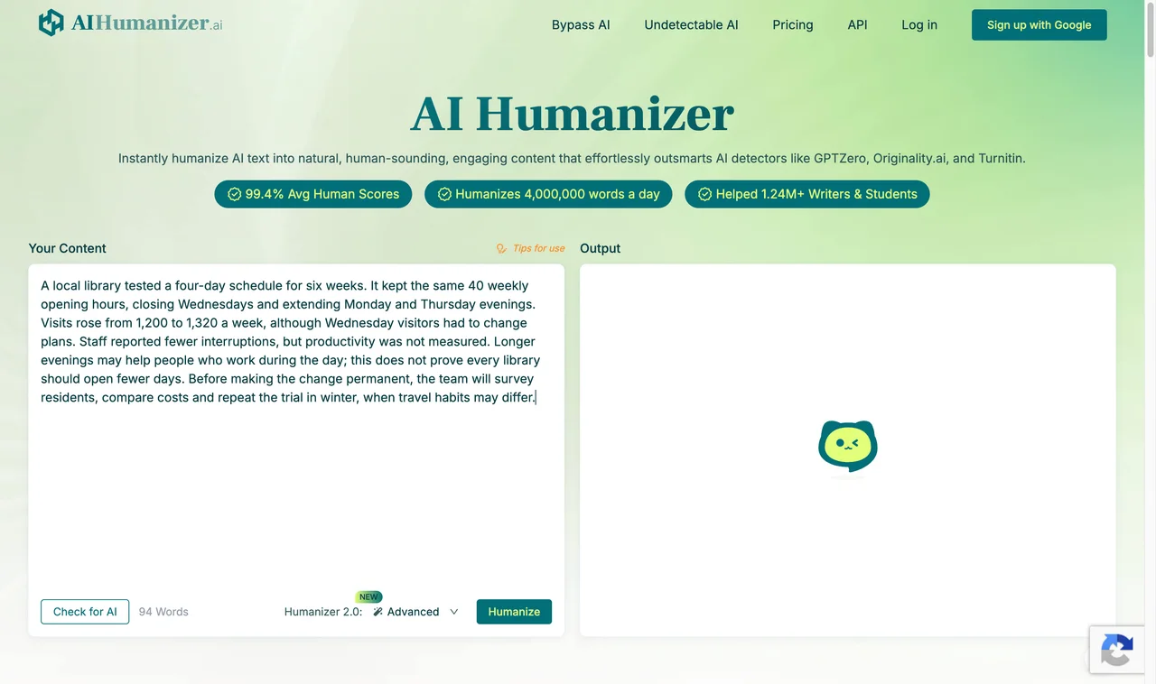 AIHumanizer.ai input captured during the shared benchmark