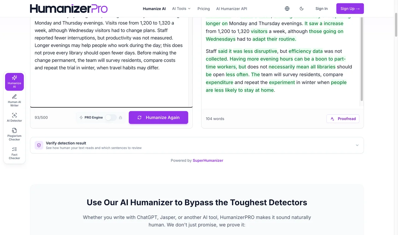 HumanizerPRO result captured during the shared benchmark