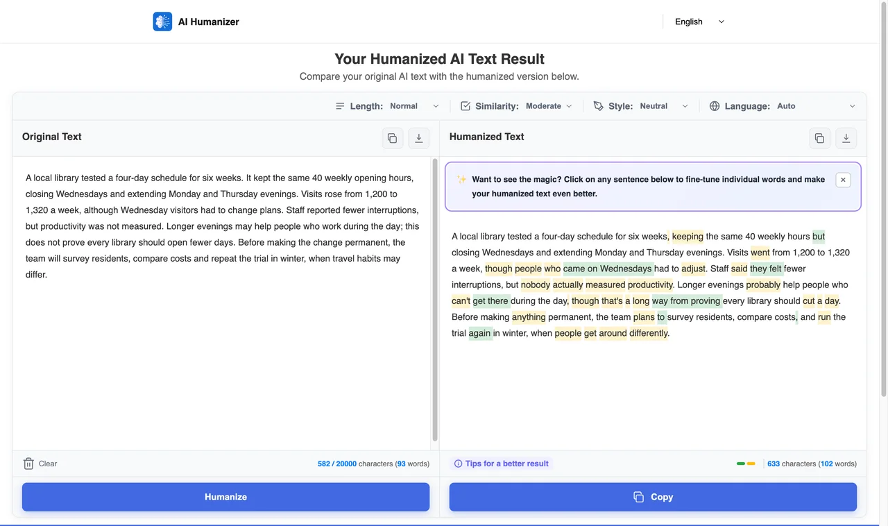 HumanizerTool result captured during the shared benchmark