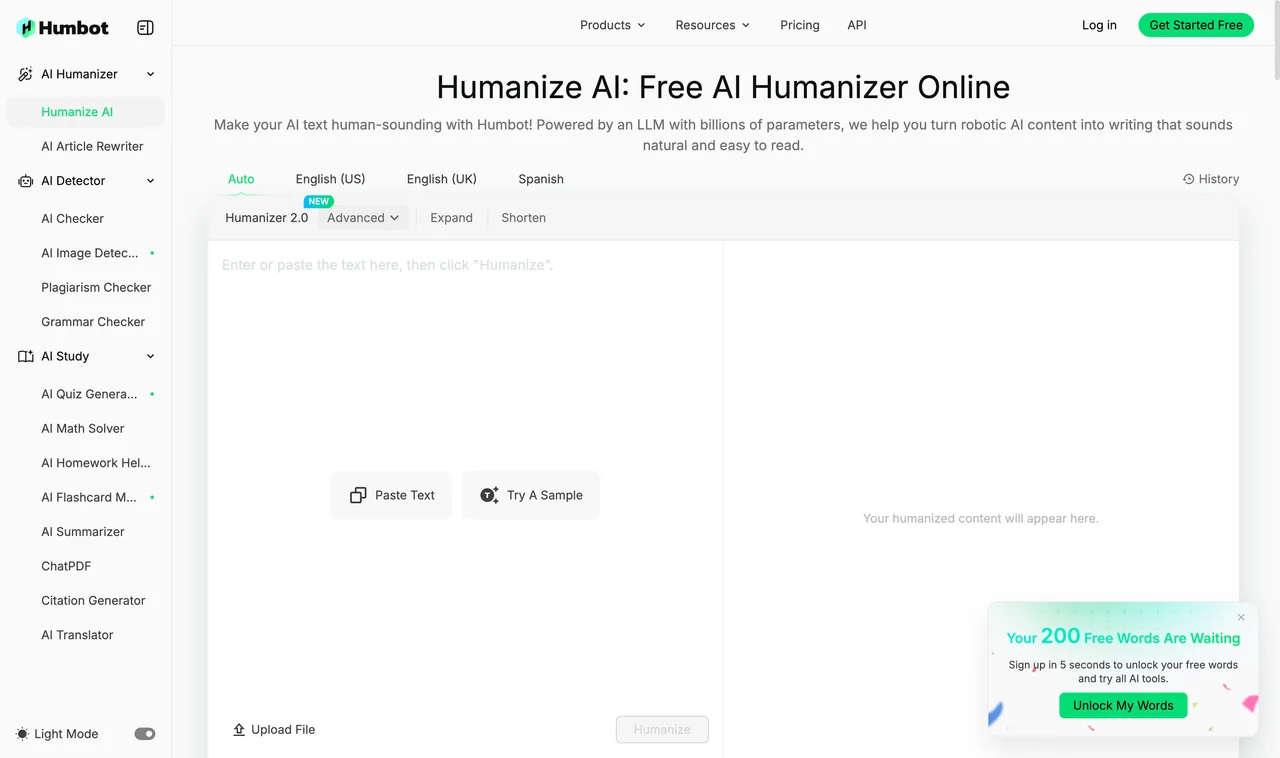 Humbot page captured during research