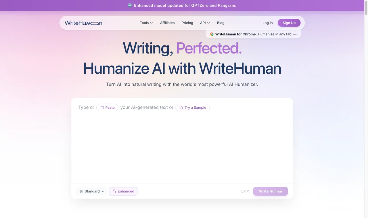 WriteHuman page captured during research