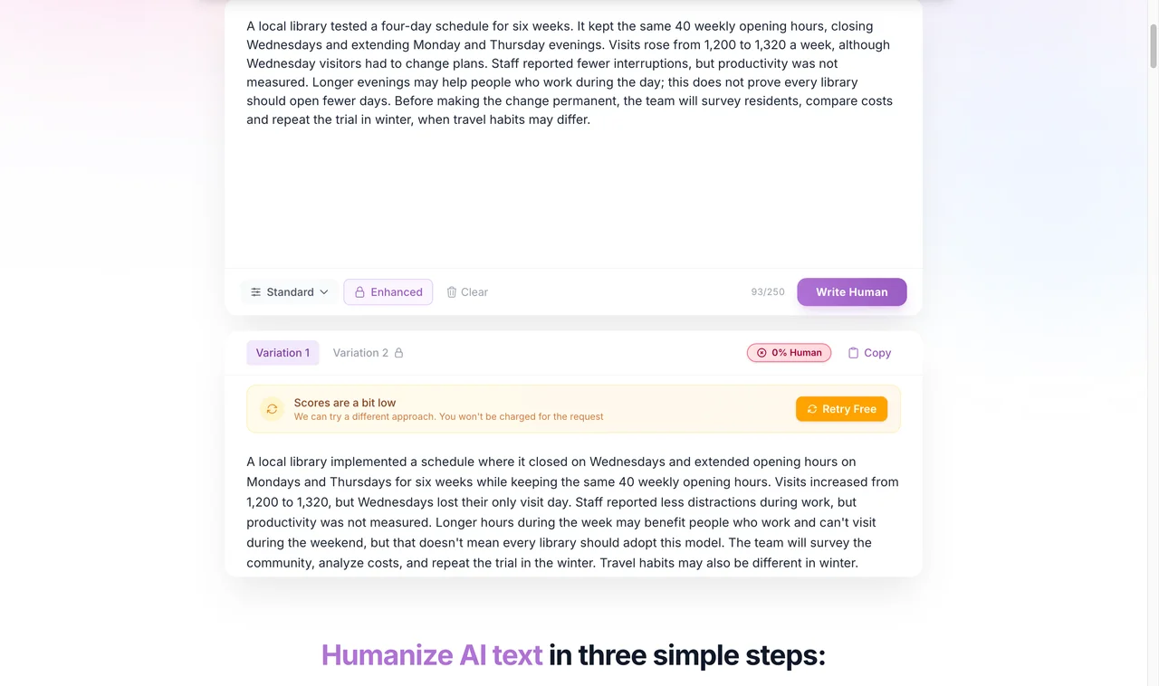 WriteHuman result captured during the shared benchmark